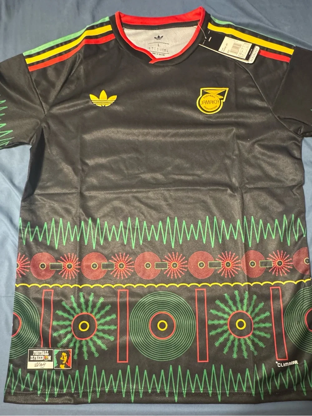 adidas Black Jamaica Football Jersey with Red and Rasta Stripes